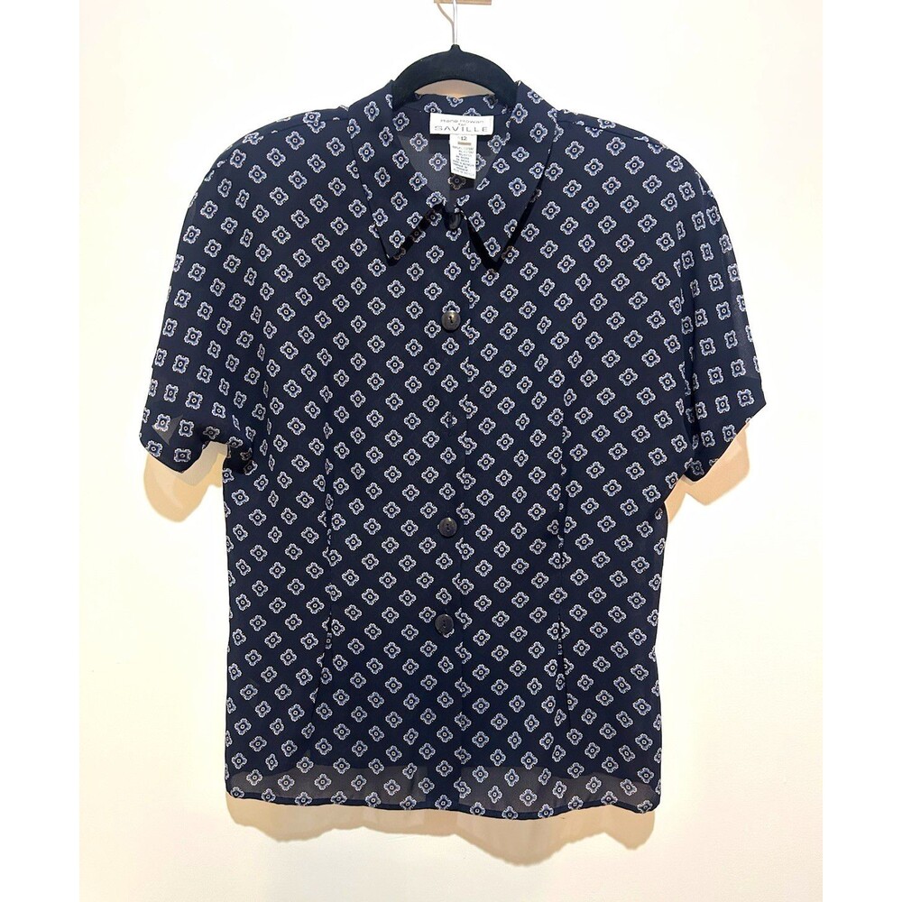 Rena Rowan for Saville Blue/White Geometric Collared Short Sleeve Chiffon 12